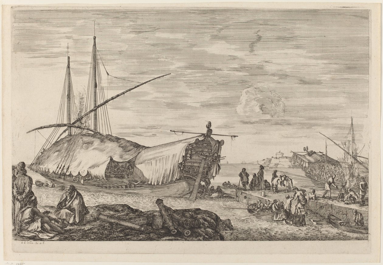 Kambuz z pokładem pokrytym żaglami, prawdopodobnie ok. 16541655. autorstwa Stefano della Bella