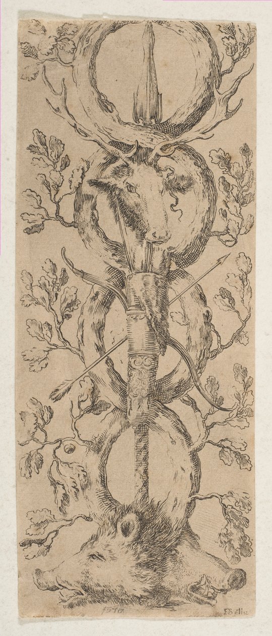 Głowy Jelenia i Dwa Dziki w Rinceaux Konarów Dębowych, ca. 1653. autorstwa Stefano della Bella