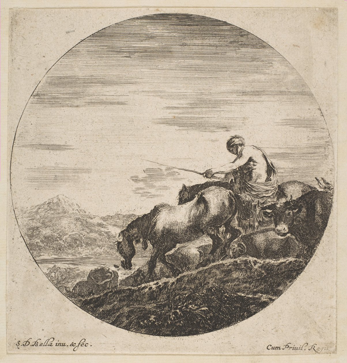 Pasterz na koniu zagania zwierzęta, od Sześć osobników zwierzęcych Sześć sujets danimaux, ca. 1646. autorstwa Stefano della Bella