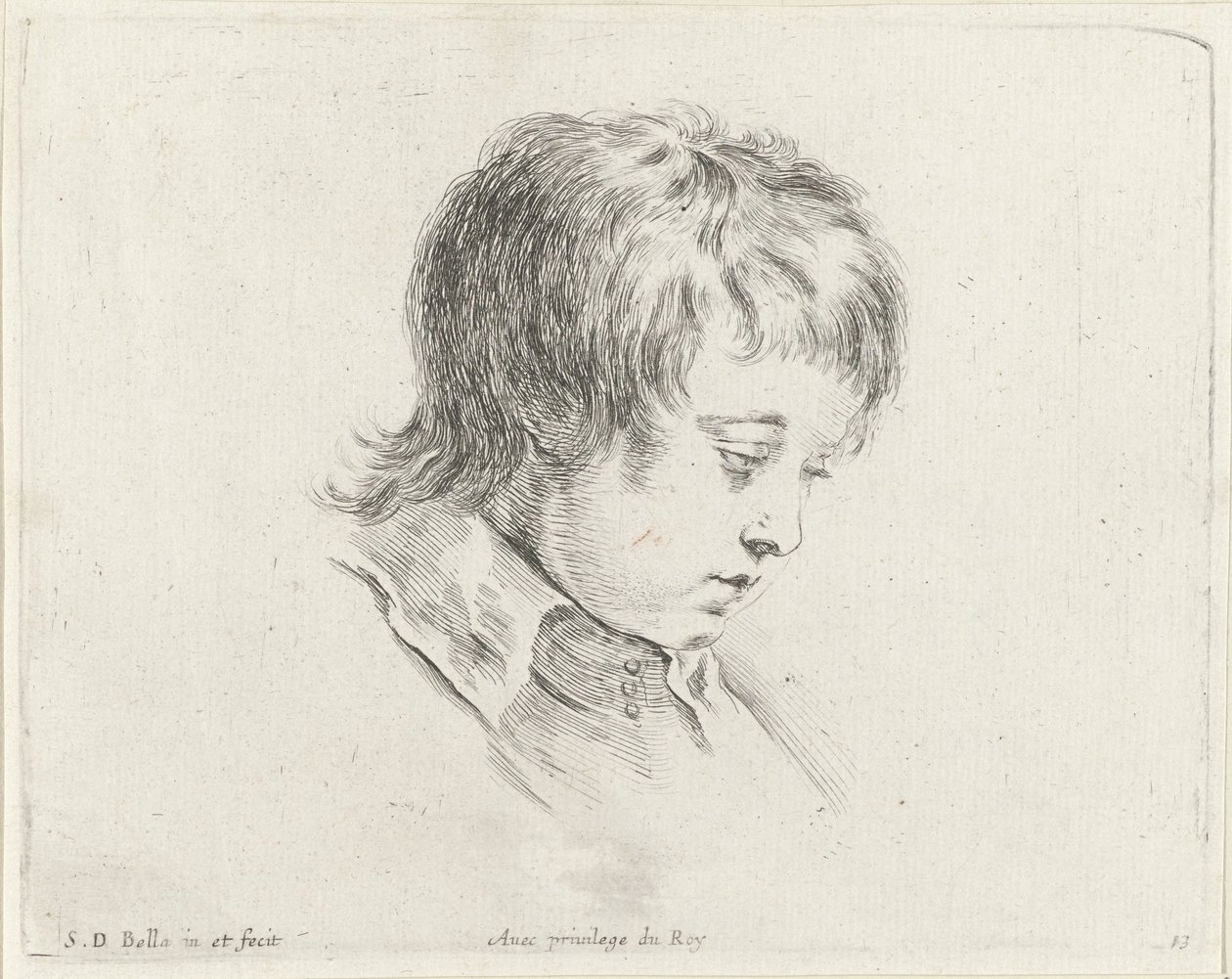 Głowa młodego mężczyzny, patrząca w dół w prawo Podstawy rysowania (tytuł serii) I principii del disegno (tytuł serii) autorstwa Stefano della Bella