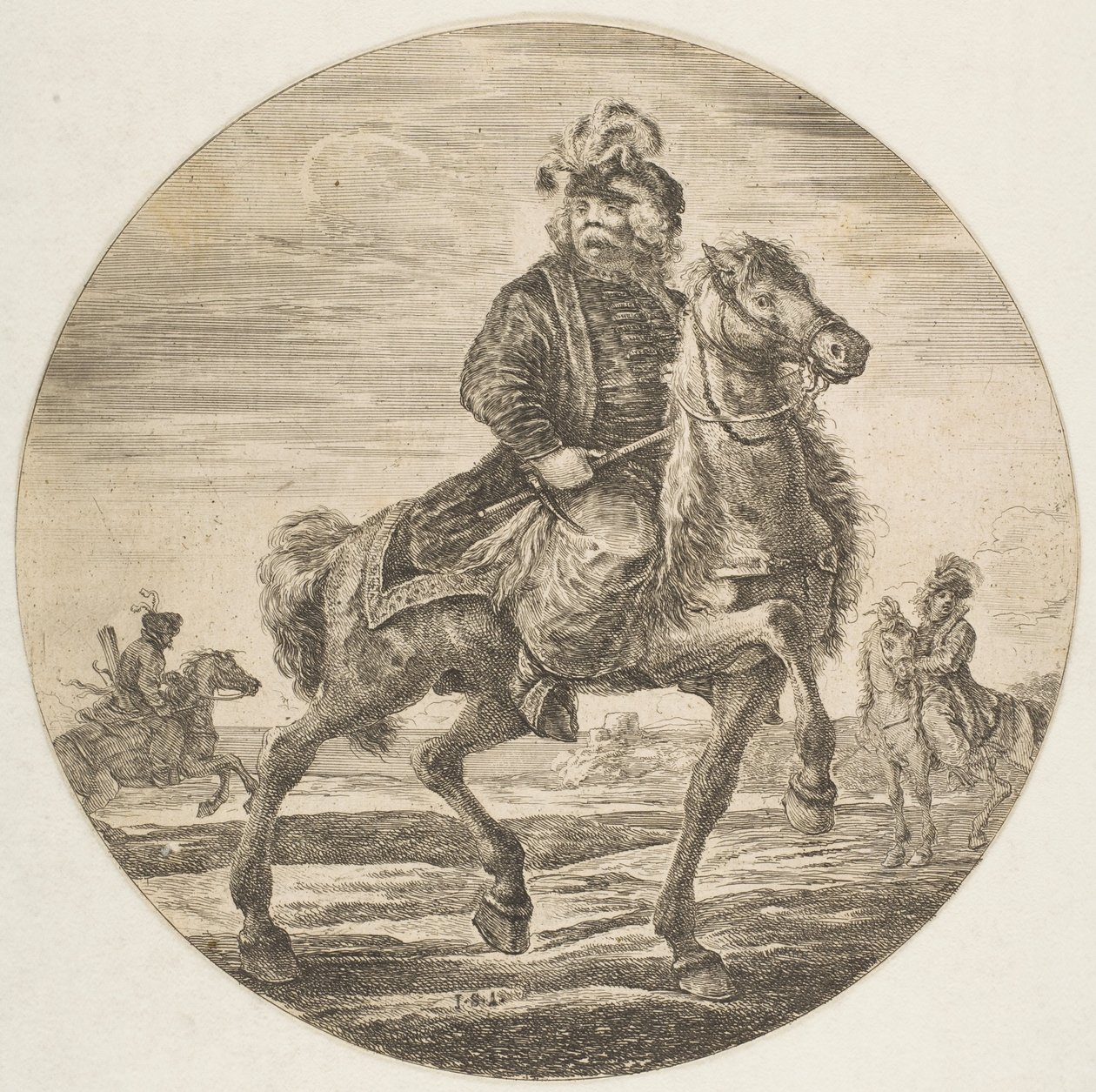 Jeździec węgierski jadący w prawo, w tle inni jeźdźcy, cyrk..., ok. godz. 1651. autorstwa Stefano della Bella