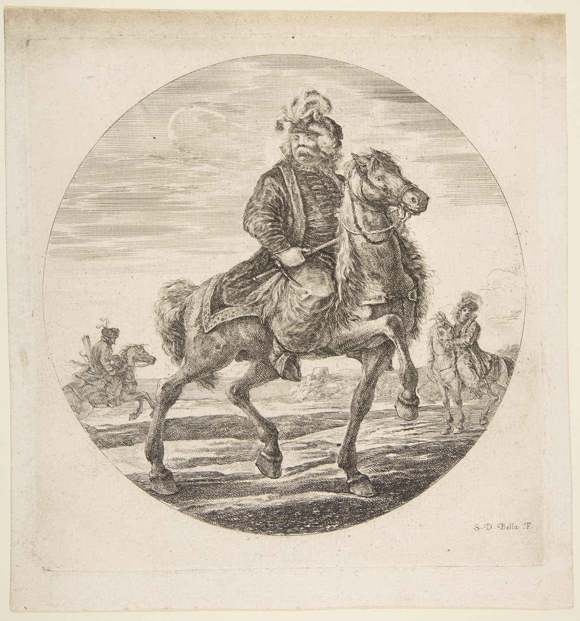 Jeździec węgierski jadący w prawo, w tle inni jeźdźcy, cyrk..., ok. godz. 1651. autorstwa Stefano della Bella