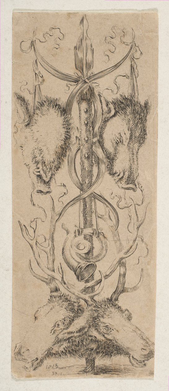 Trofeum myśliwskie z głową jelenia na dole, ca. 1653. autorstwa Stefano della Bella