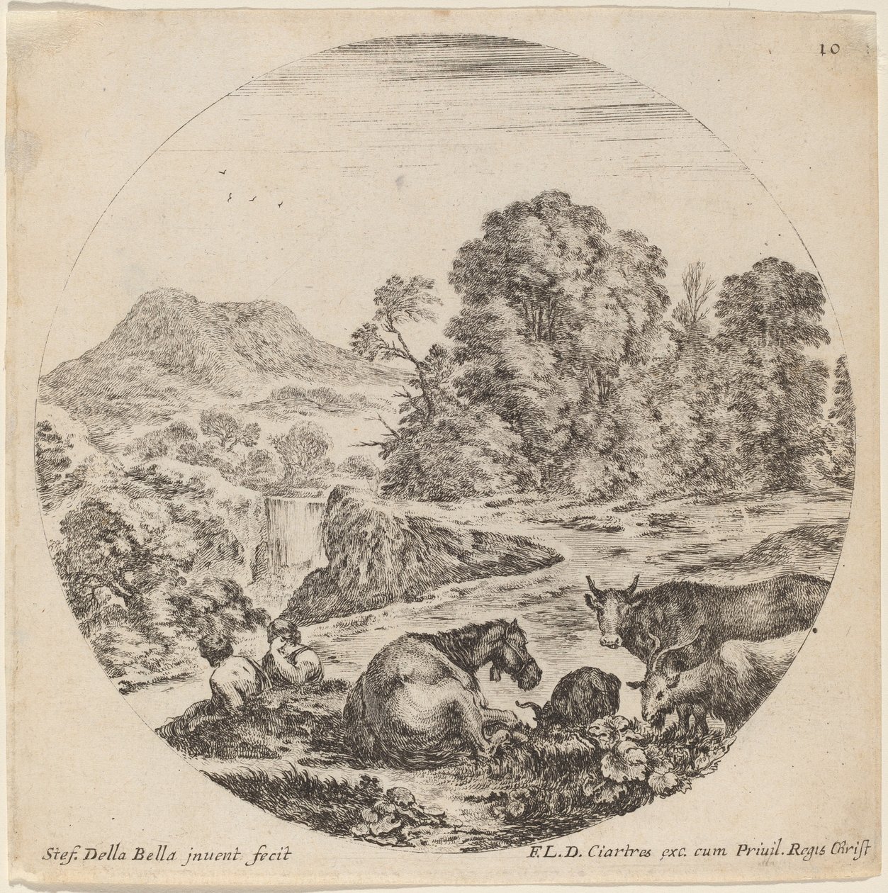 Krajobraz ze zwierzętami i dwoma siedzącymi pasterzami, 1646. autorstwa Stefano della Bella