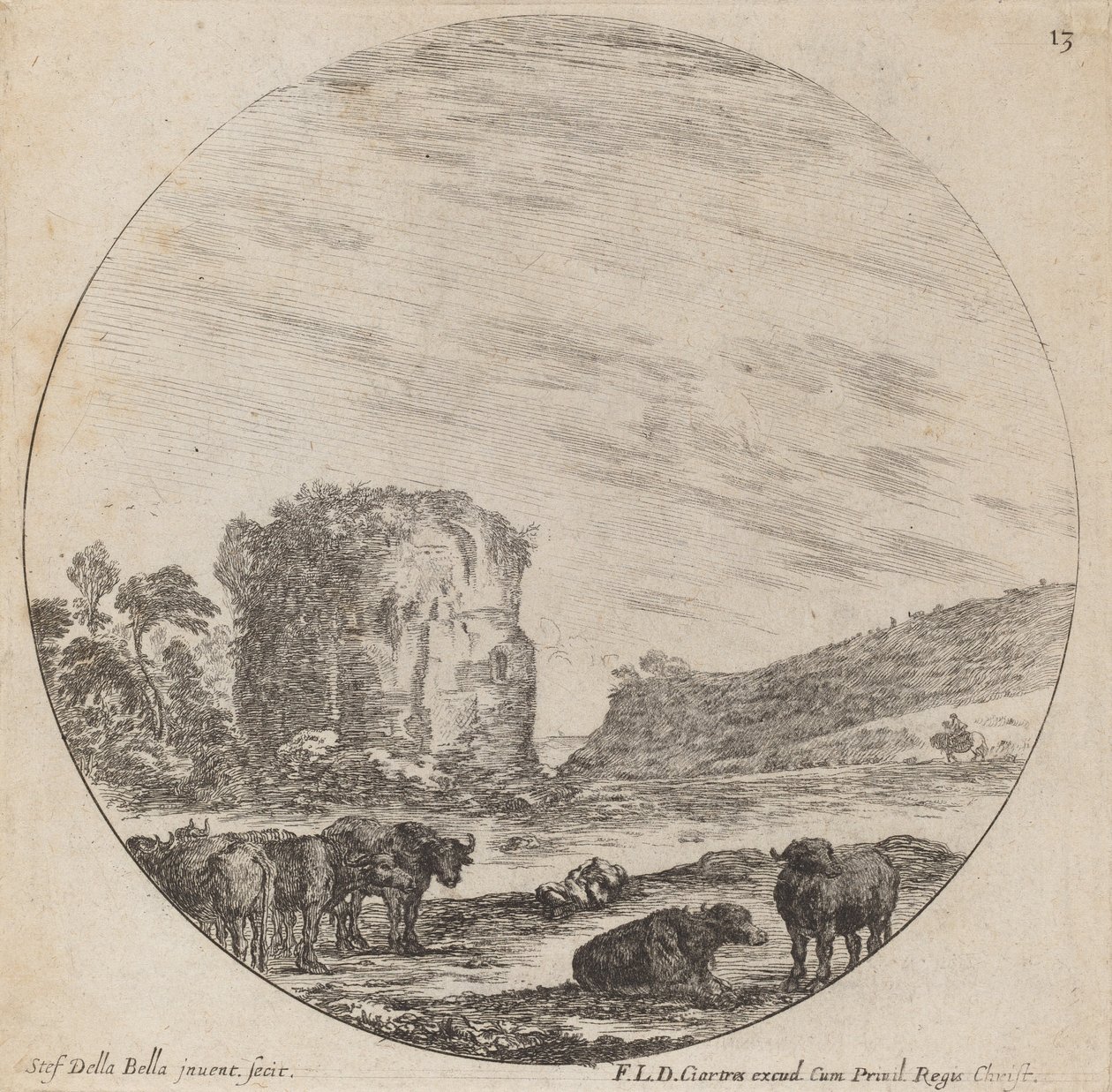 Krajobraz z zabytkowymi ruinami, 1646. autorstwa Stefano della Bella