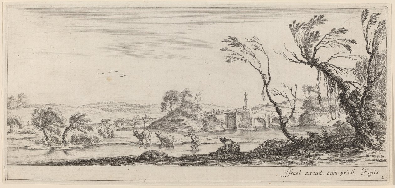 Krajobraz z chłopem przygotowującym się do przekroczenia strumienia, w roku 1647 lub wcześniej. autorstwa Stefano della Bella