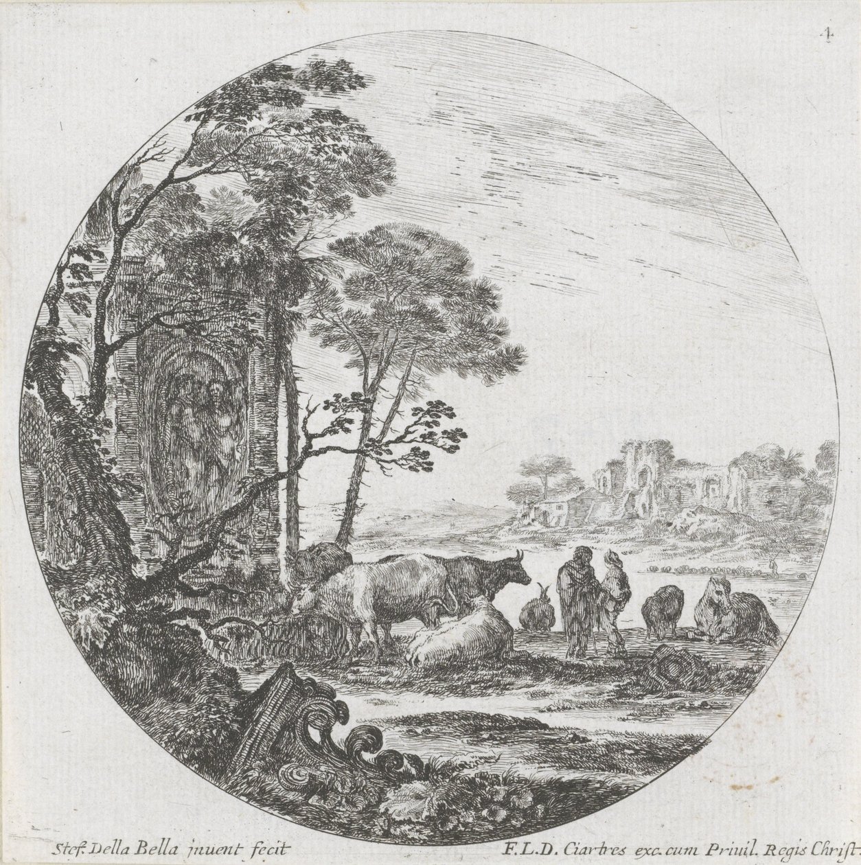 Krajobraz ze stadem i stolicą koryncką Krajobrazy i ruiny w Rzymie (tytuł serii) Paysages et ruines de Rome (tytuł serii) autorstwa Stefano della Bella