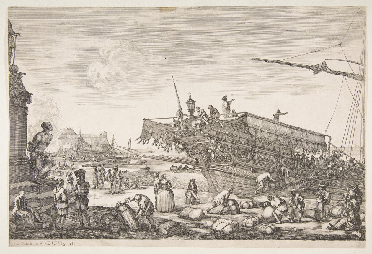 Załadunek kuchni, z Widoki na port w Livorno Vues du port de Livourne, 1654-55. autorstwa Stefano della Bella