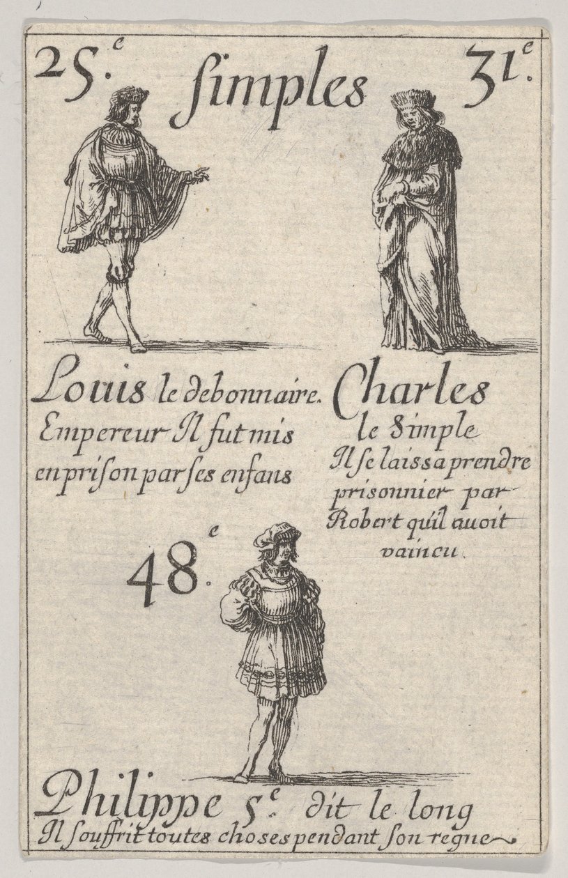Louis le debonnaire... Charles le Simple, z "Gry królów Francji" Jeu des Rois..., 1644. autorstwa Stefano della Bella