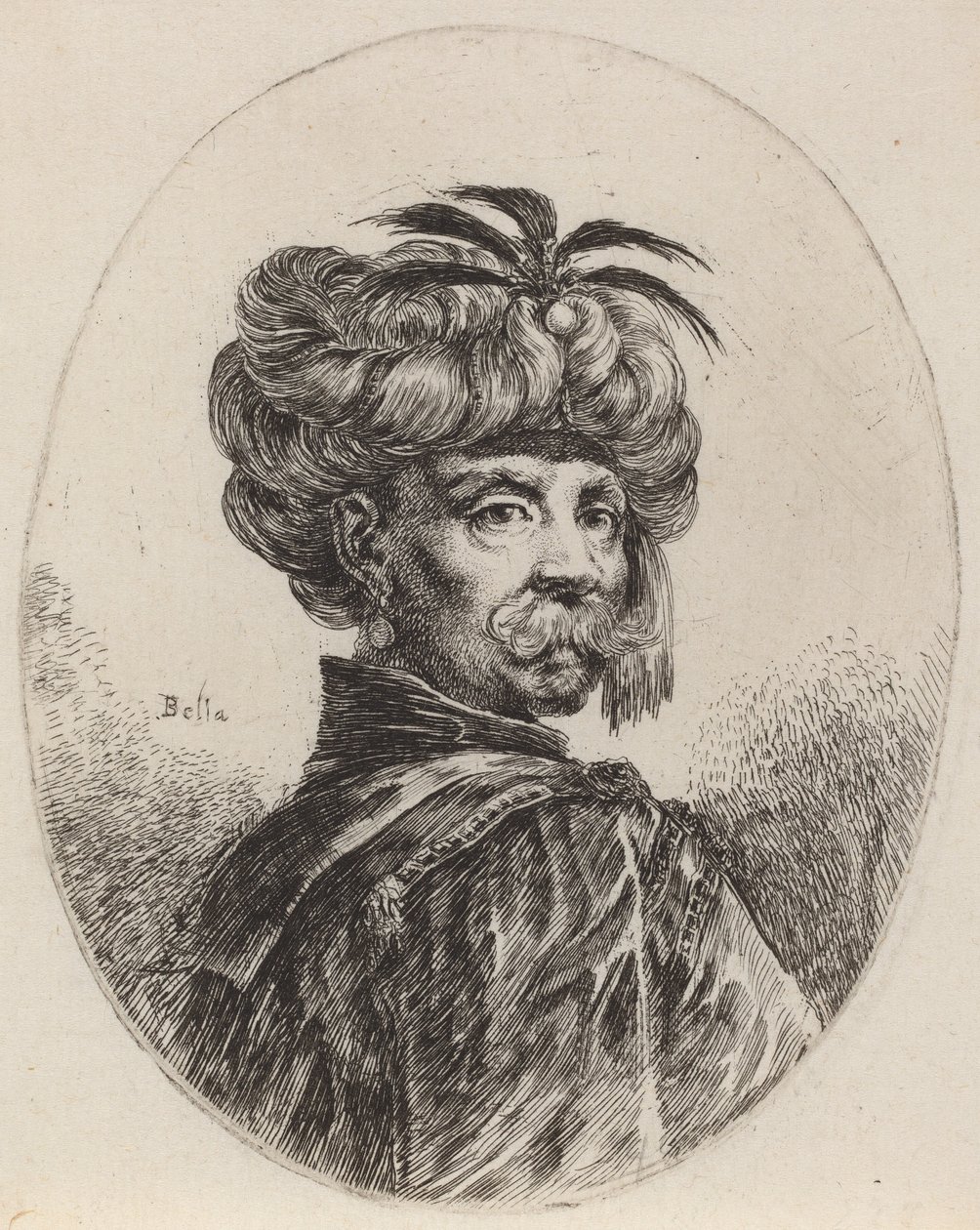 Zacumuj w turbanie ozdobionym pięcioma piórami, 16491650. autorstwa Stefano della Bella