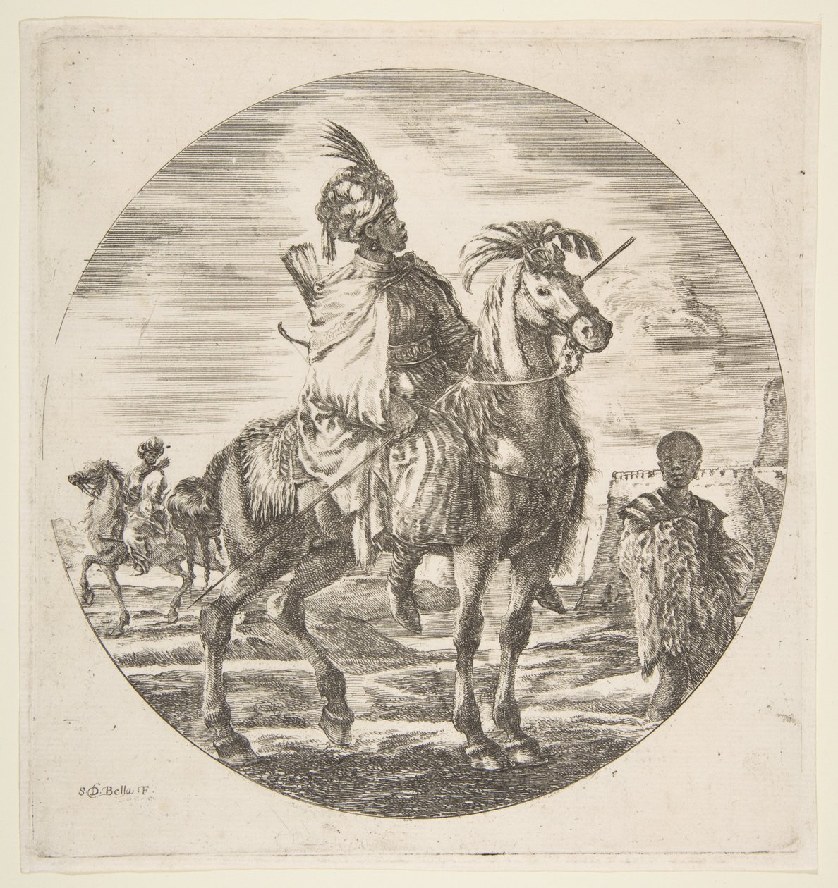 Mauretański jeździec z profilu w prawo, czarny niewolnik trzymający futro po prawej, inny..., ca. 1651. autorstwa Stefano della Bella