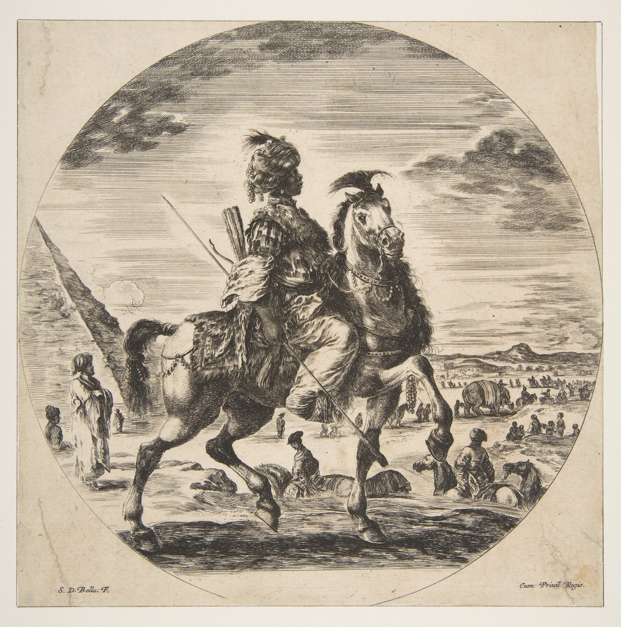 Jeździec Maurów z profilu w prawo, w tle po lewej piramida, wiele fi..., ca. 1651. autorstwa Stefano della Bella