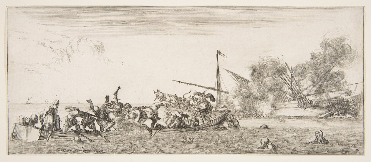 Bitwa morska, łódź wiosłowa wypełniona ludźmi walczącymi z muszkietów po lewej, ludzie toną..., ok. godz. 1641. autorstwa Stefano della Bella