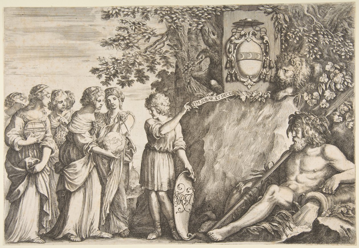 Projekt ornamentu do pracy dyplomowej, herb Strozzi u góry, ca. 1660. autorstwa Stefano della Bella