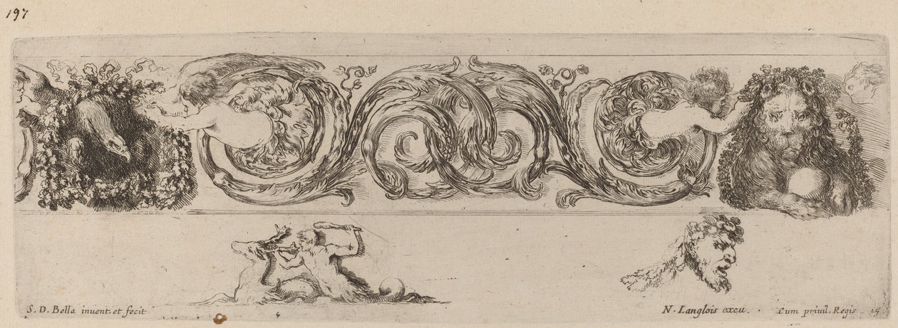 Ozdobny fryz z orłem i lwem ozdobionym przez dzieci, prawdopodobnie 1648 r. autorstwa Stefano della Bella