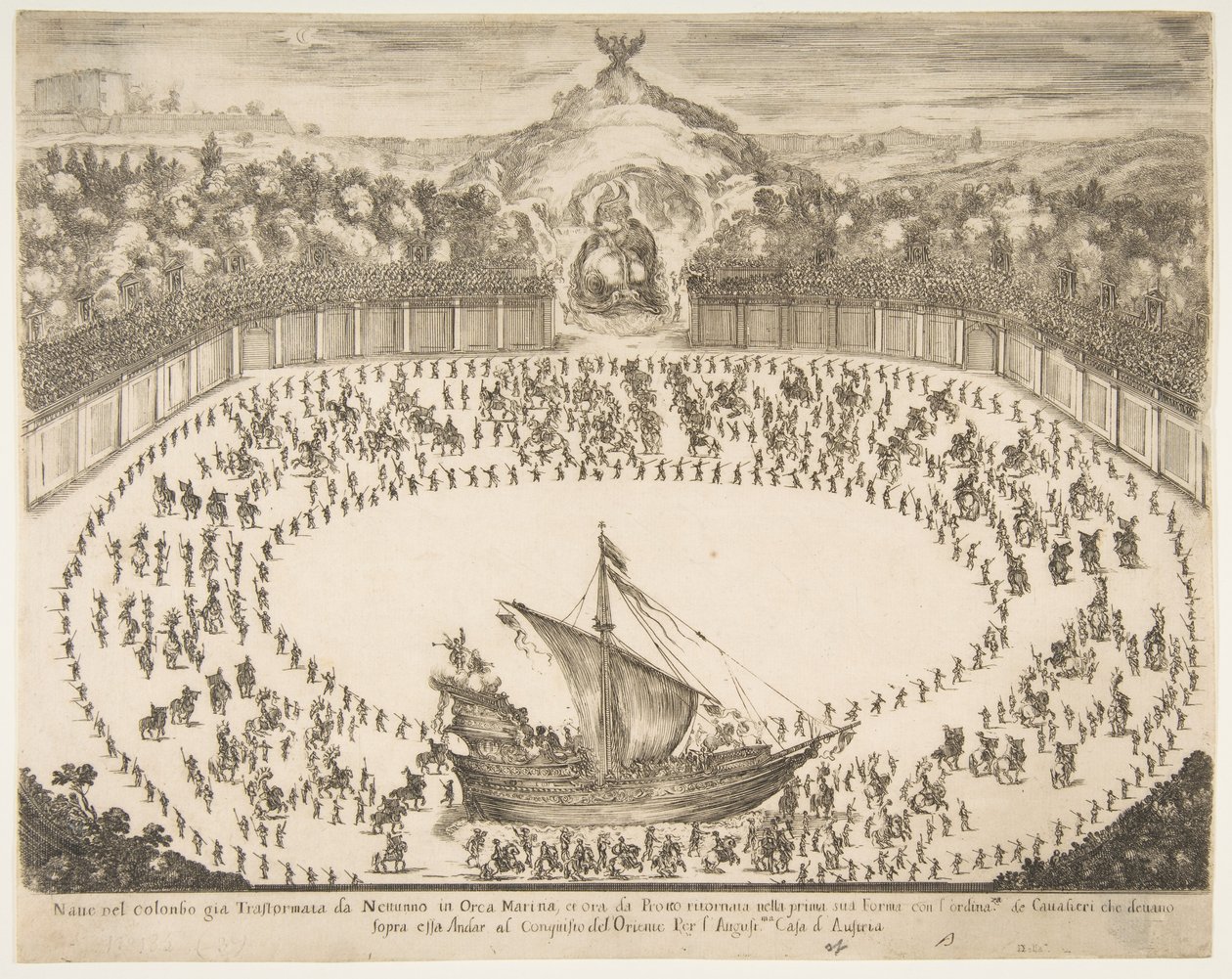 Pływak paradny w formie statku, u góry herb Wielkiego Księcia Modeny, 1652 r. autorstwa Stefano della Bella