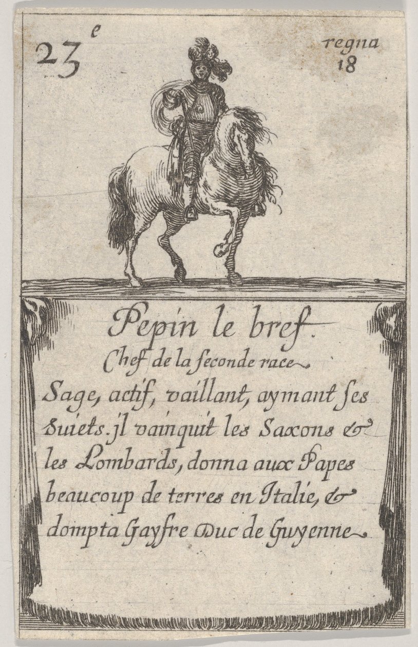 Pepin, krótki wódz drugiej rasy…, z „Gry królów Francji” Jeu des Ro…, 1644. autorstwa Stefano della Bella