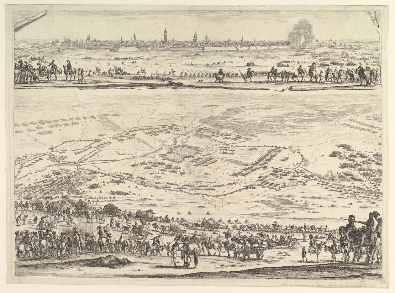 Plan i widok oblężenia Arras: dolna część płyty z widokiem topograficznym z..., 1641. autorstwa Stefano della Bella