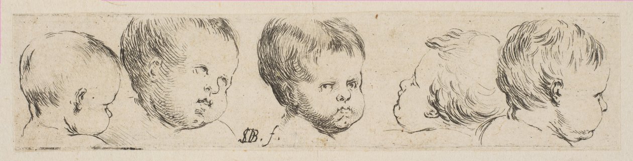 Tablica 10: Pięć głów dzieci, z „Kolekcja różnych gryzmołów i akwaforta pro…”, ca. 1646. autorstwa Stefano della Bella