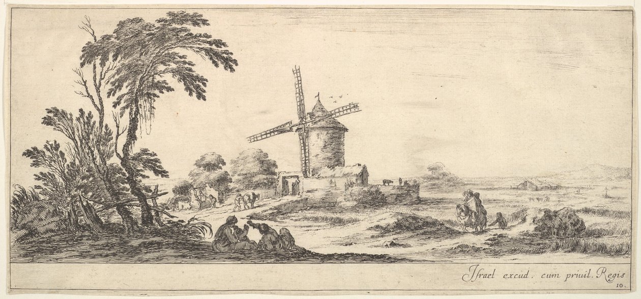 Ilustracja 10: rodzina na pierwszym planie, różne postacie i konie w środku, a..., ca. 1641. autorstwa Stefano della Bella