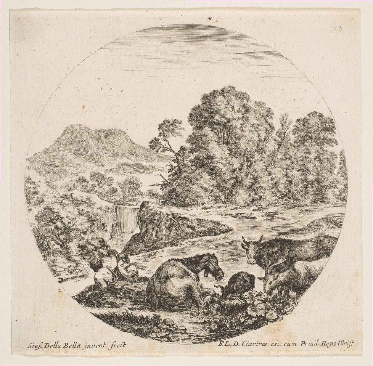 Tablica 10: pośrodku leżący koń, po prawej krowa i dwie kozy, dwie siedzące pasterze..., ca. 1646. autorstwa Stefano della Bella