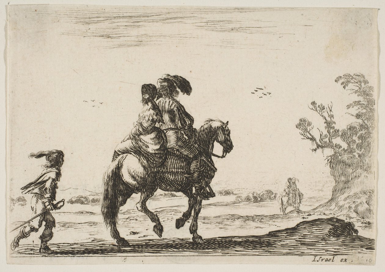 Tablica 10: jeździec i kobieta widziane z tyłu, jadące w prawo z młodym…, 1642. autorstwa Stefano della Bella