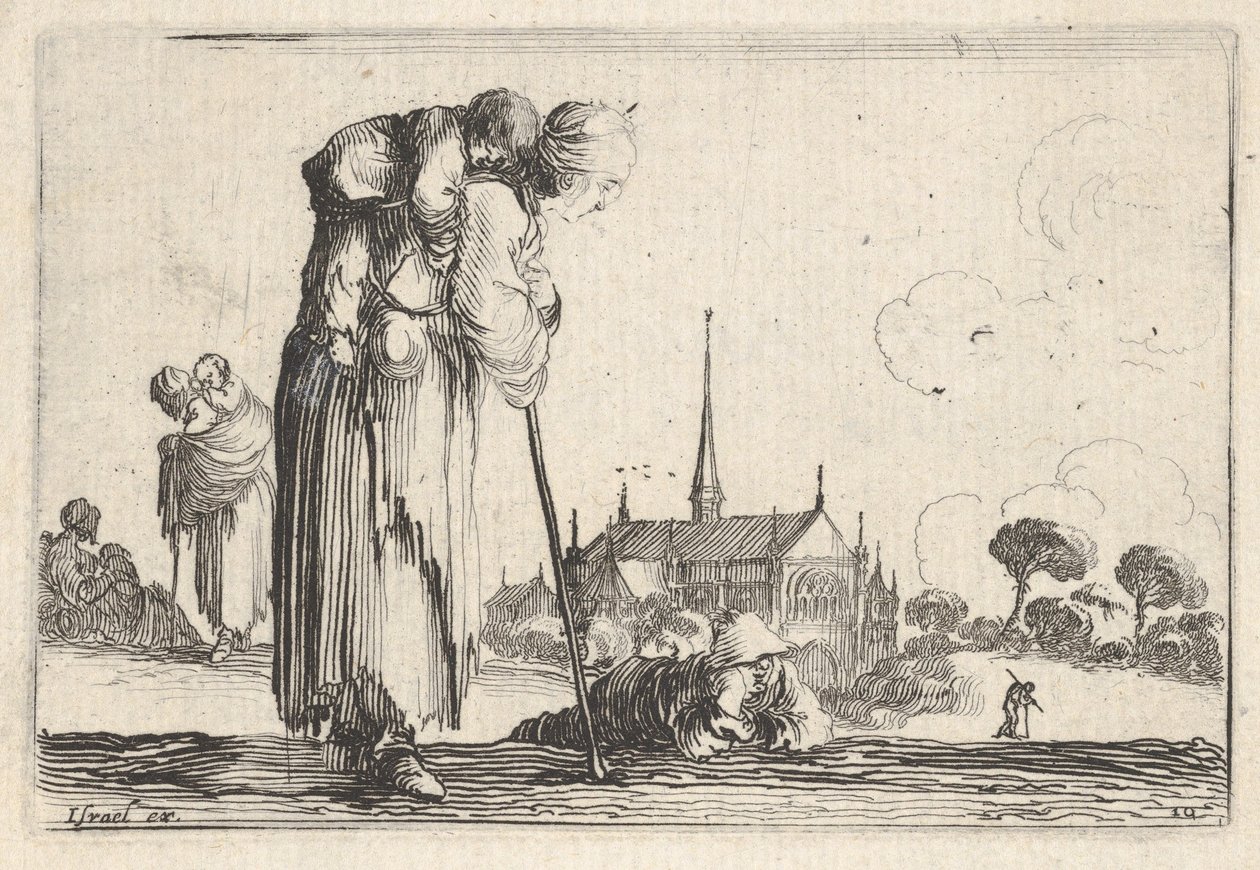 Ilustracja 10: wieśniaczka zwrócona w prawo z dzieckiem na plecach, chłopiec le..., ok. godz. 1642. autorstwa Stefano della Bella