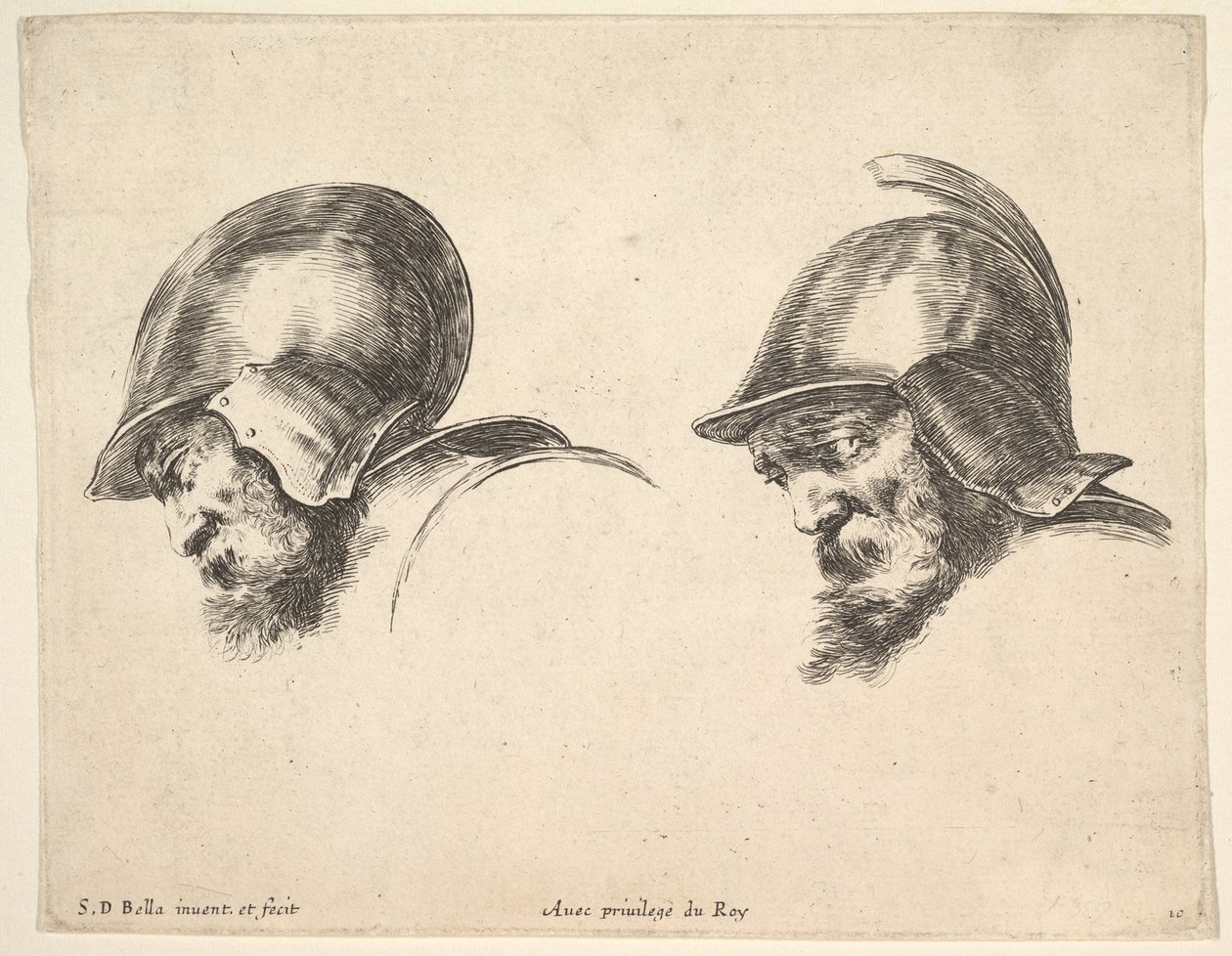 Tablica 10: dwie głowy starych żołnierzy w hełmach, obie zwrócone w lewo i spoglądające w dół..., ca. 1641. autorstwa Stefano della Bella