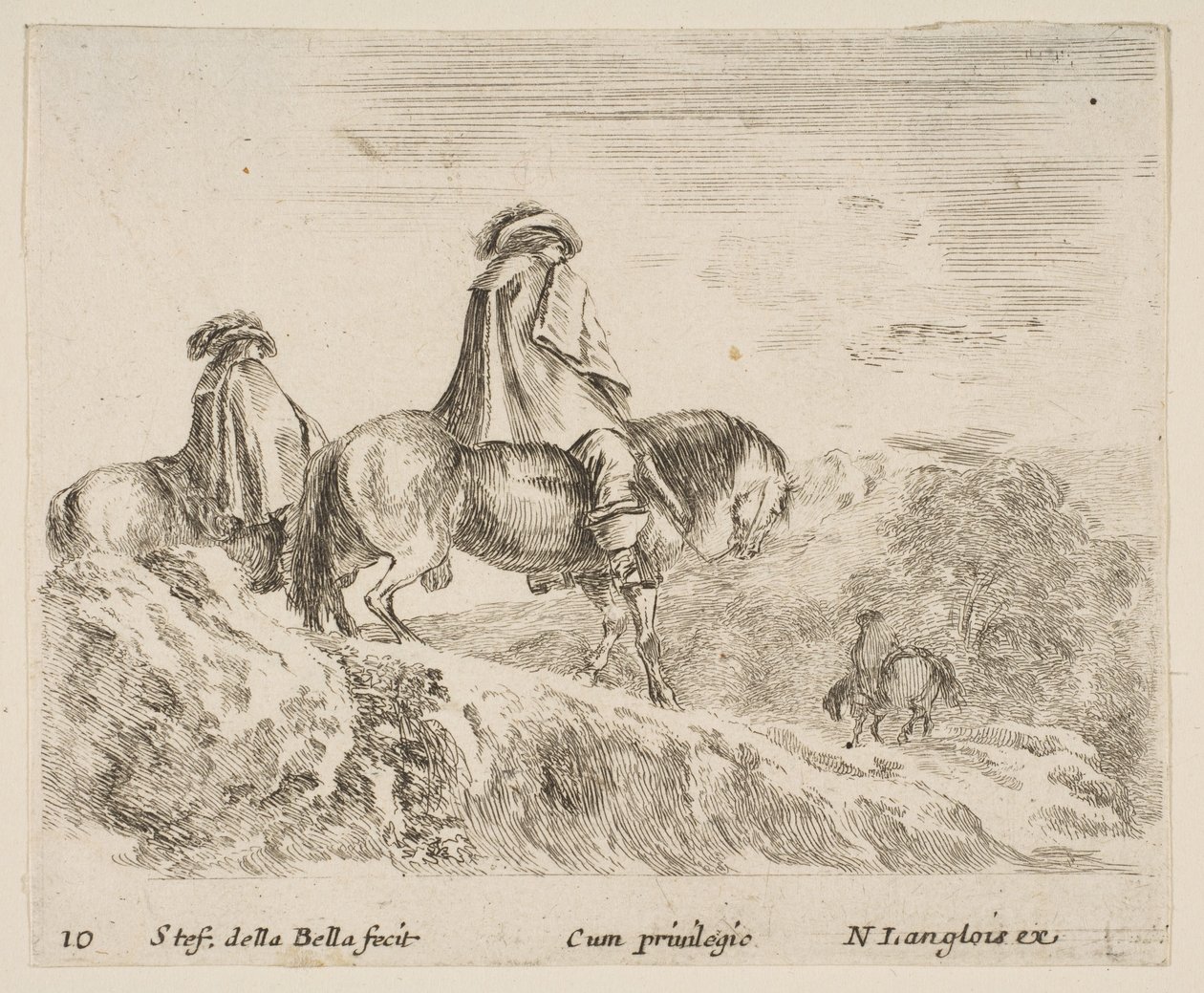 Ilustracja 10: dwóch jeźdźców schodzących z góry po lewej, kolejny jeździec po prawej w ..., ok. godz. 1644-47. autorstwa Stefano della Bella