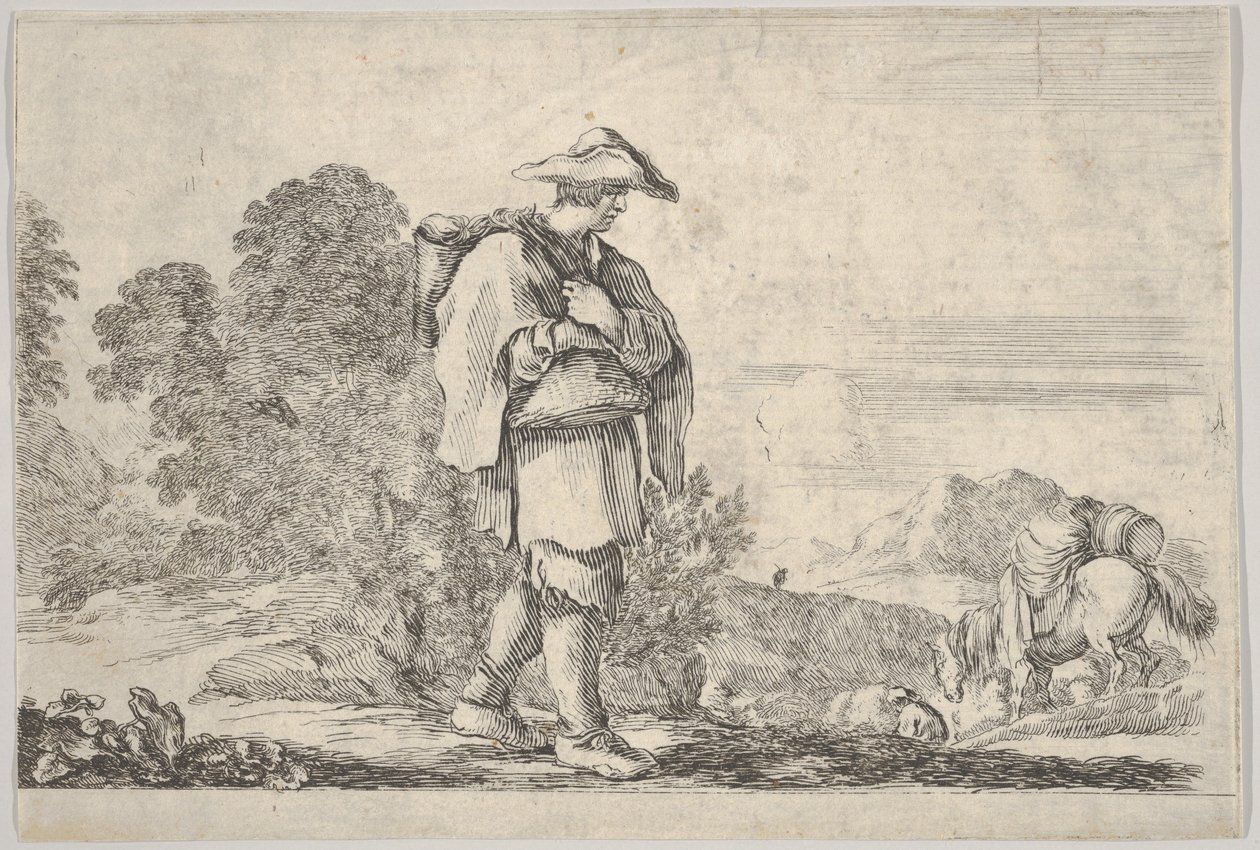 Ilustracja 11: chłop w kapeluszu pośrodku, idący w prawo, zjeżdżający koń..., ok. godz. 1641. autorstwa Stefano della Bella