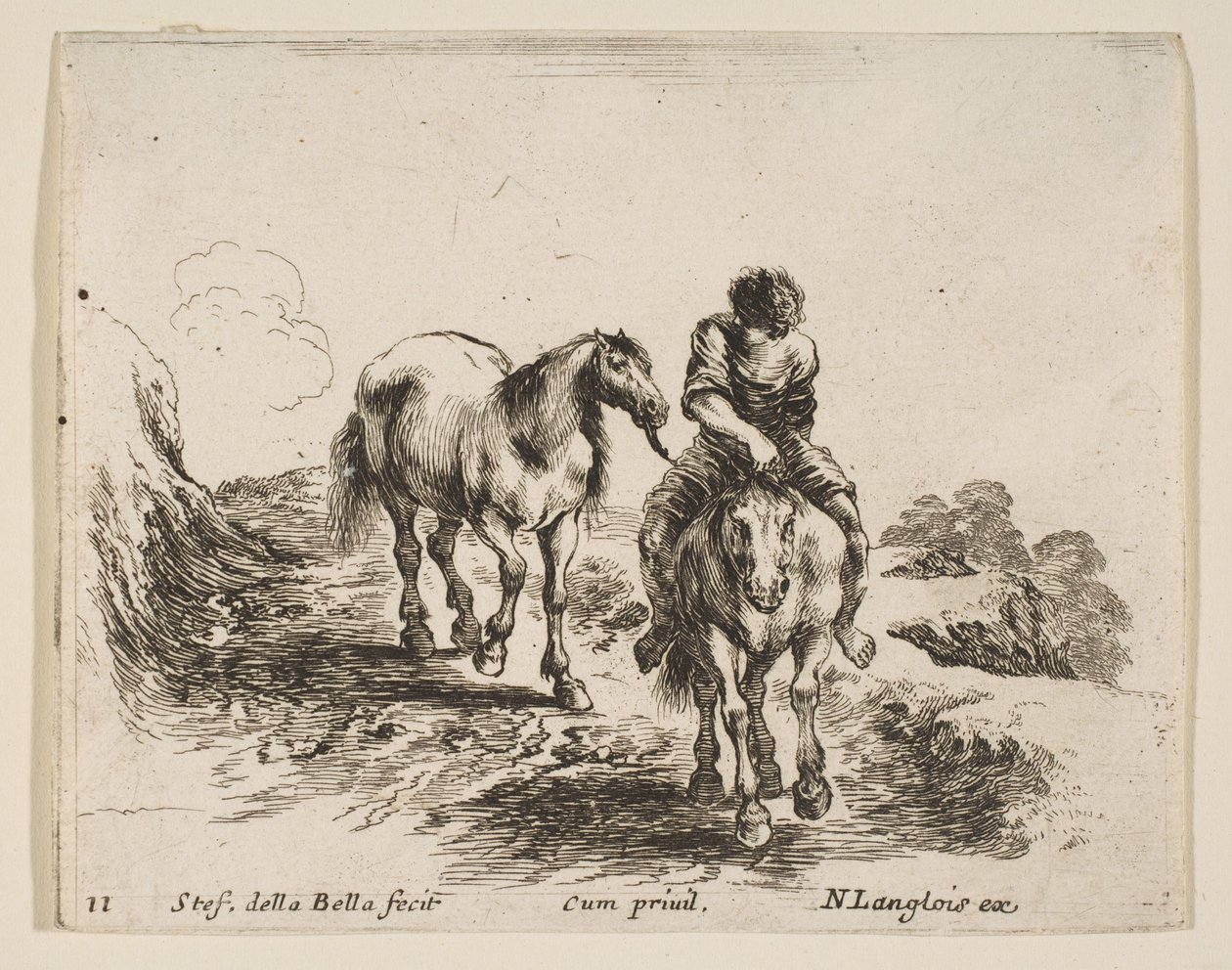 Ilustracja 11: młody jeździec, widziany z przodu, prowadzący drugiego konia, z Diver..., ca. 1644-47. autorstwa Stefano della Bella