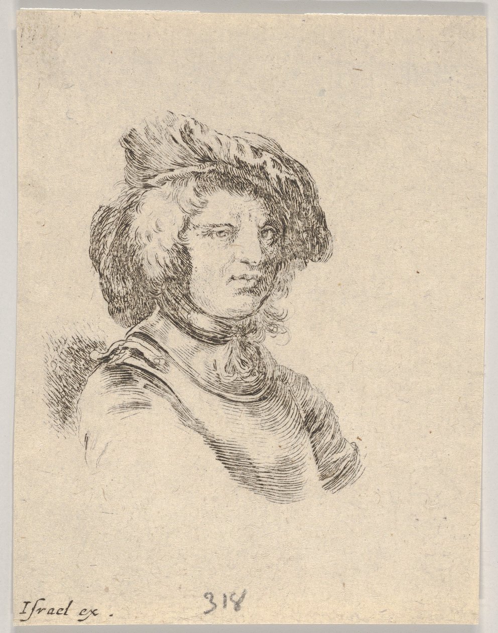 Tablica 11: popiersie mężczyzny w czapce i patrzącego w prawo, z pozycji Różne głowy a..., 1650. autorstwa Stefano della Bella