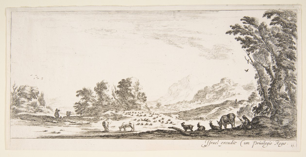 Ilustracja 11: pasterka siedząca po prawej pod drzewem, patrząca na swoje stado po lewej..., ok. godz. 1641. autorstwa Stefano della Bella
