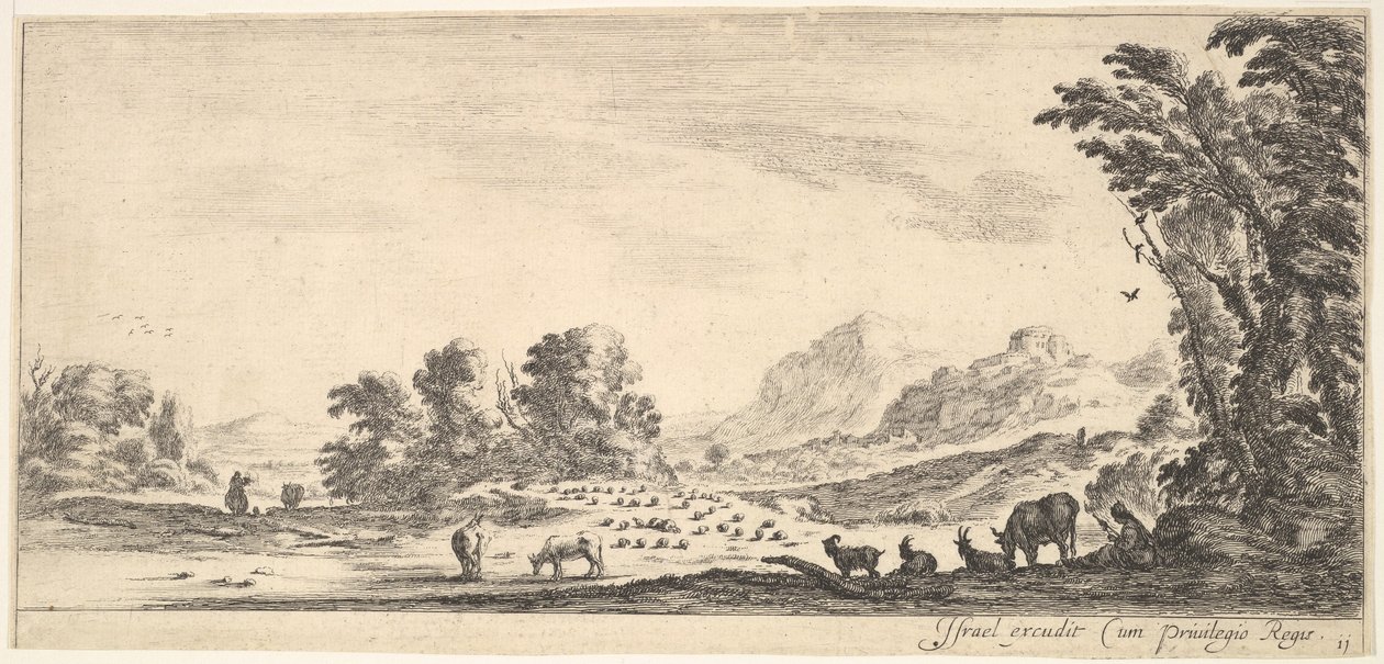 Ilustracja 11: pasterka siedząca po prawej pod drzewem, patrząca na swoje stado po lewej..., ok. godz. 1641. autorstwa Stefano della Bella