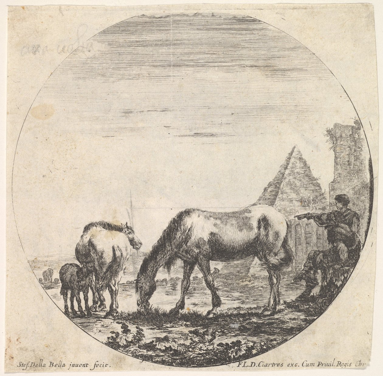 Tablica 11: piramida Kajusza Cestiusza po prawej w tle, pasący się koń..., ok. godz. 1643-48. autorstwa Stefano della Bella