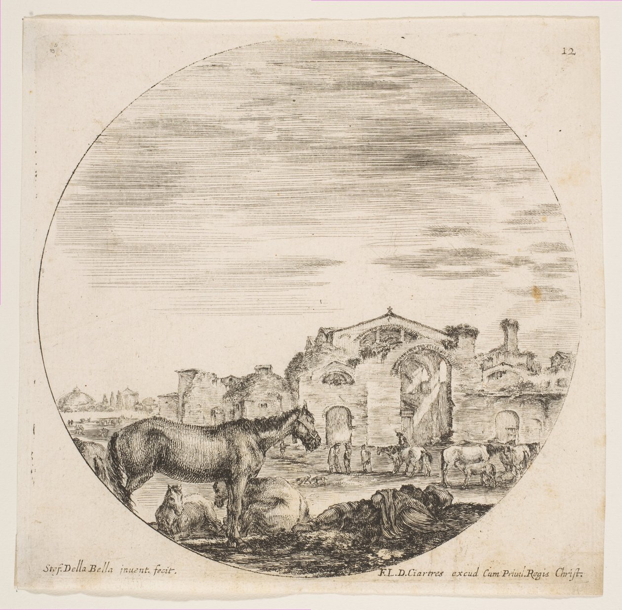 Tablica 12: po prawej śpi pasterz na ziemi, po lewej trzy konie, inne konie..., ok. godz. 1646. autorstwa Stefano della Bella