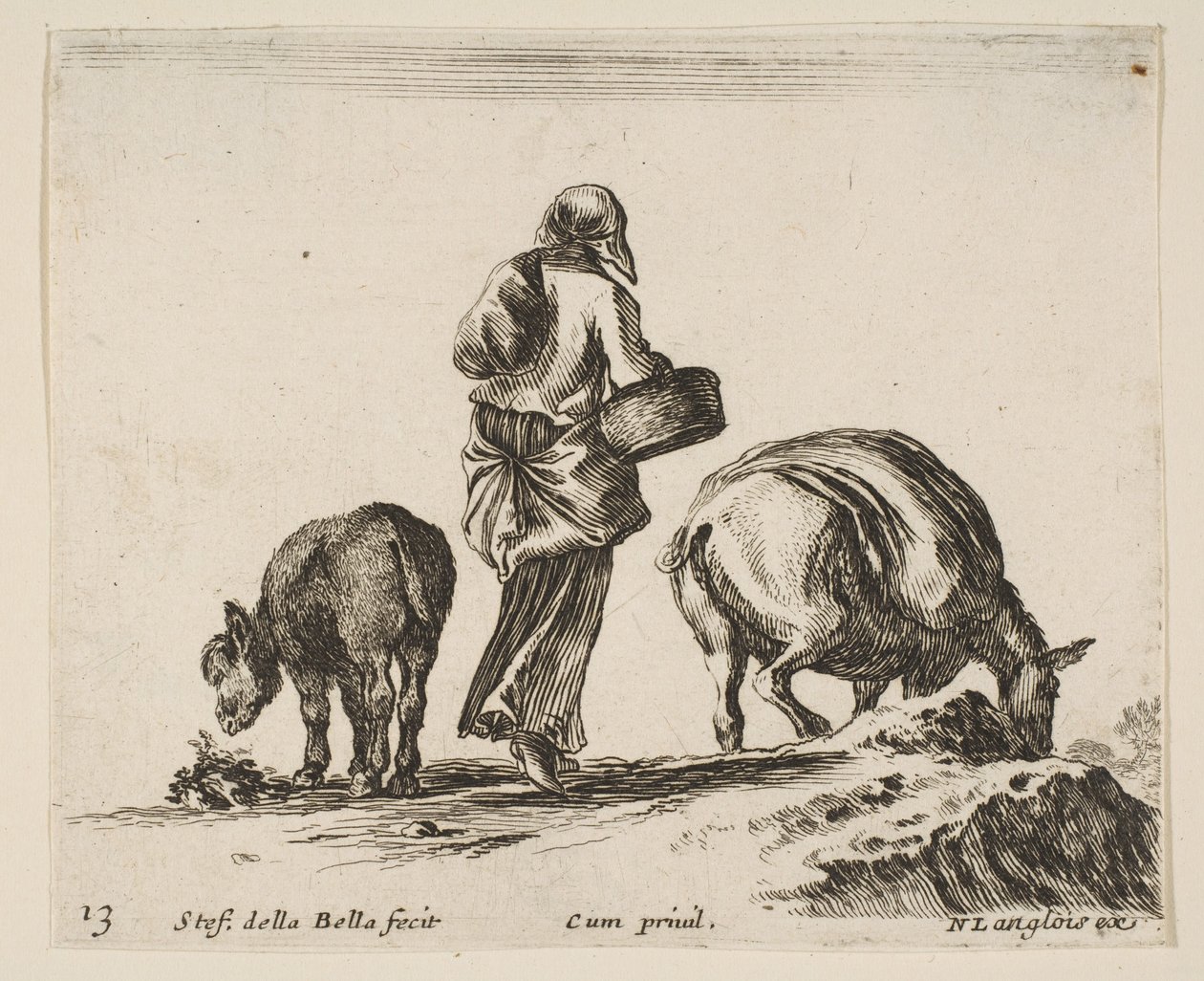 Ilustracja 13: wieśniaczka widziana od tyłu, trzymająca pośrodku kosz, osioł..., ok. godz. 1644-47. autorstwa Stefano della Bella