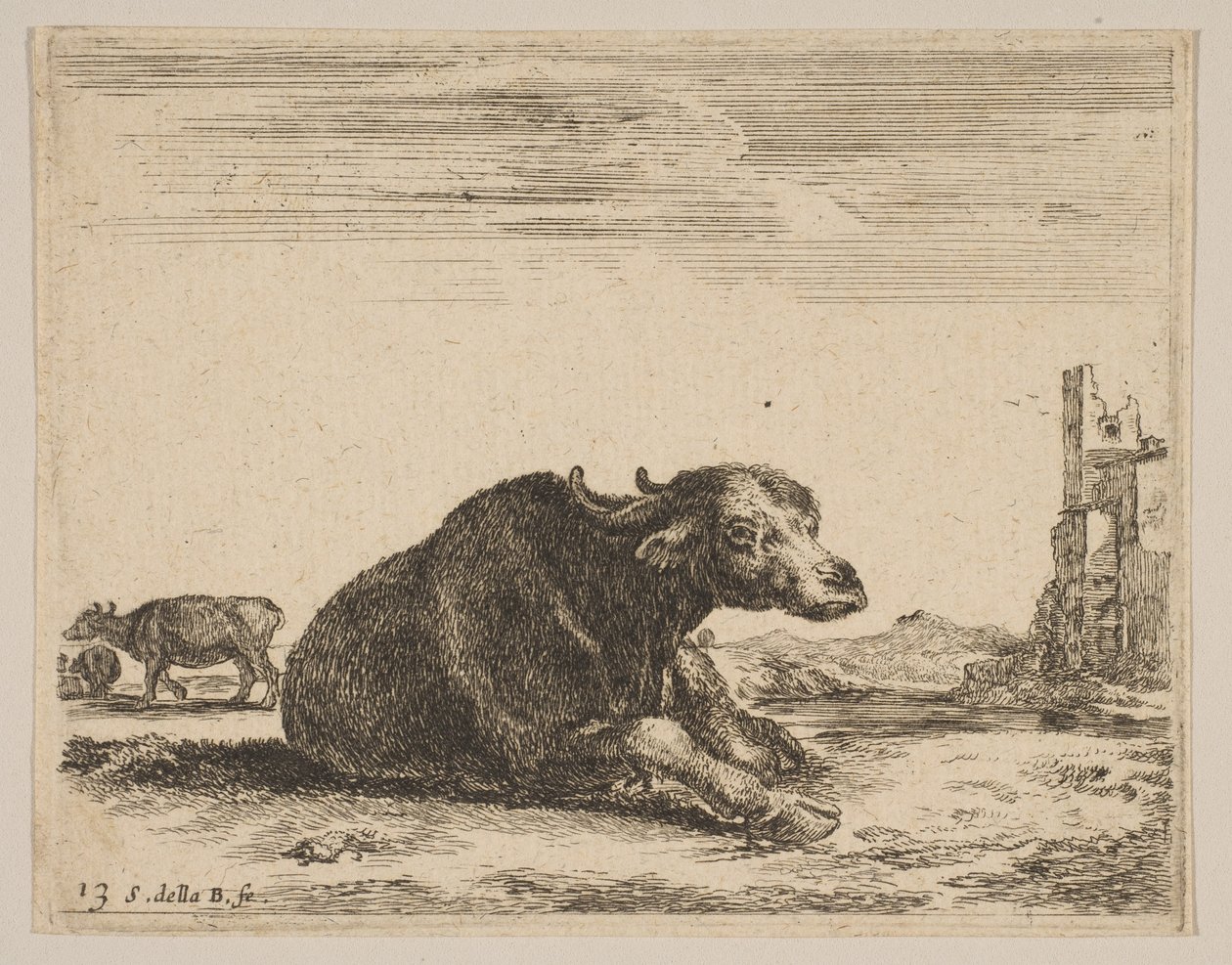 Płyta 13: bawół leżący, z Różne zwierzęta Diversi animali, ca. 1641. autorstwa Stefano della Bella