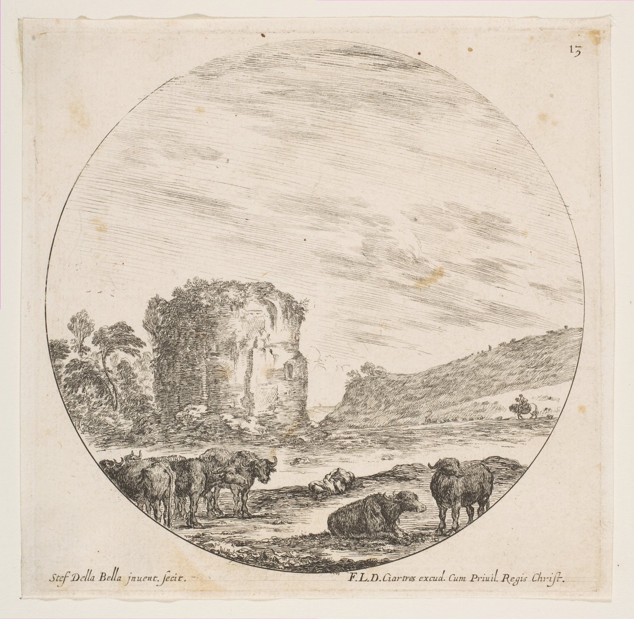 Tablica 13: ruiny świątyni w pejzażu rzymskim, z pejzaży i ruin rzymskich P..., ca. 1646. autorstwa Stefano della Bella