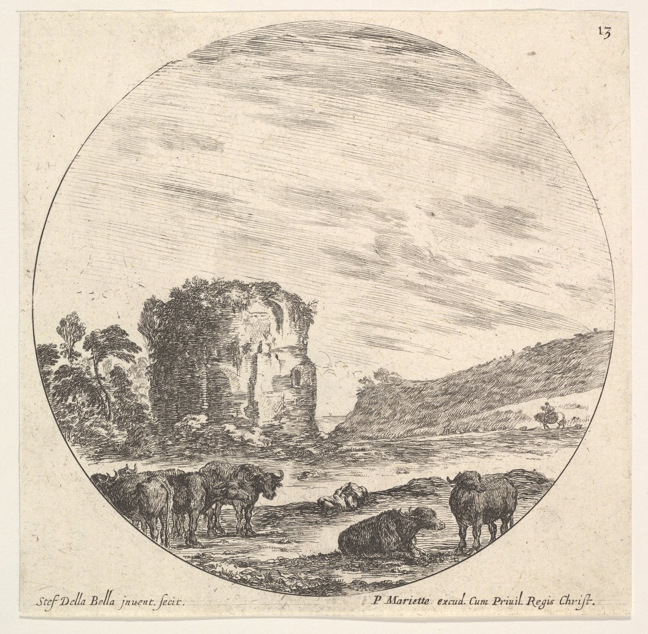 Tablica 13: w tle ruiny antycznej świątyni, na przedpolu stado krów..., ok. godz. 1643-48. autorstwa Stefano della Bella