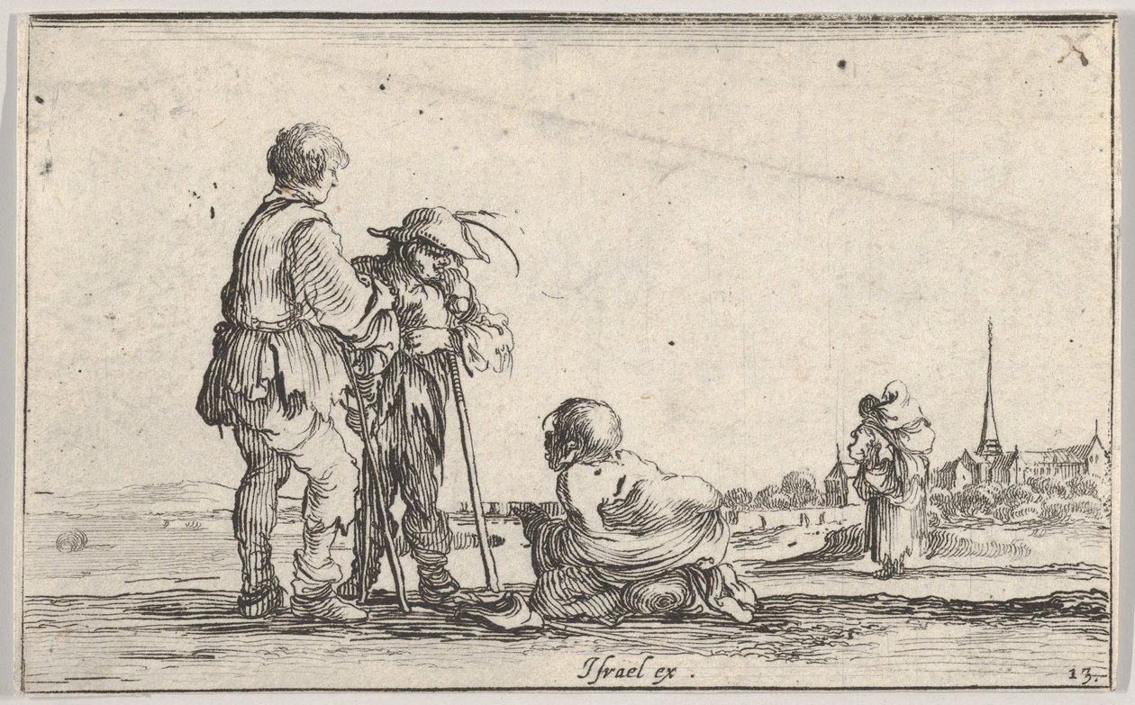 Tablica 13: dwóch chłopów stojących po lewej stronie, pośrodku klęczący kaleka na ziemi, a..., ca. 1642. autorstwa Stefano della Bella