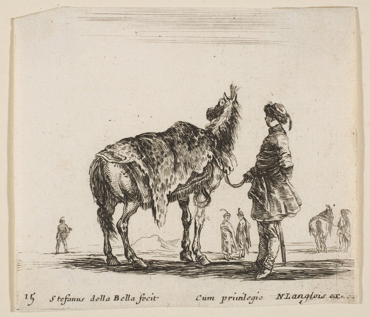 Ilustracja 15: polski szlachcic, odwrócony tyłem, trzymający konia pokrytego skórą lamparta..., ok. godz. 1644-47. autorstwa Stefano della Bella