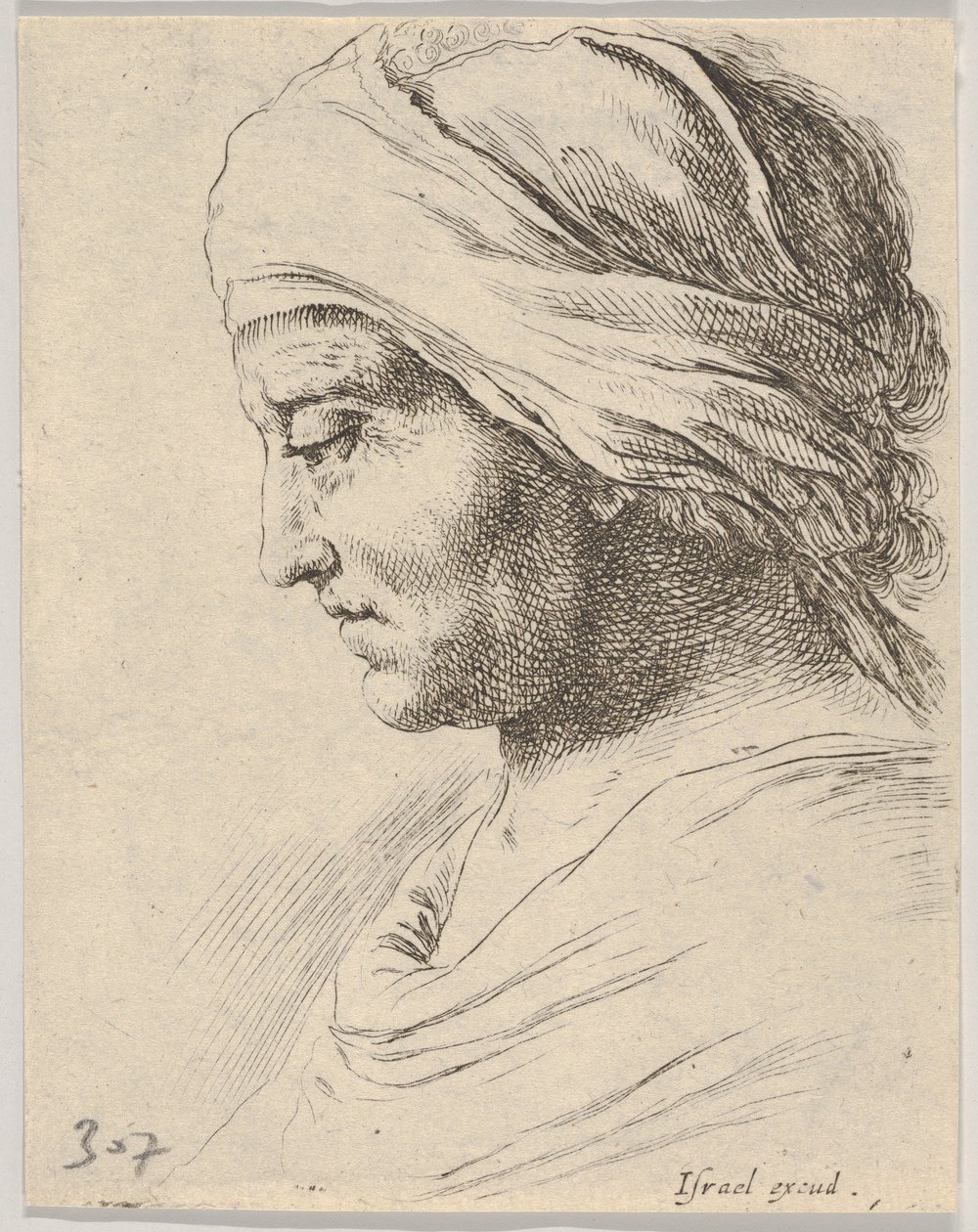 Ilustracja 16: głowa starca z profilu z chustą przewiązaną wokół głowy, z B..., ca. 1649. autorstwa Stefano della Bella