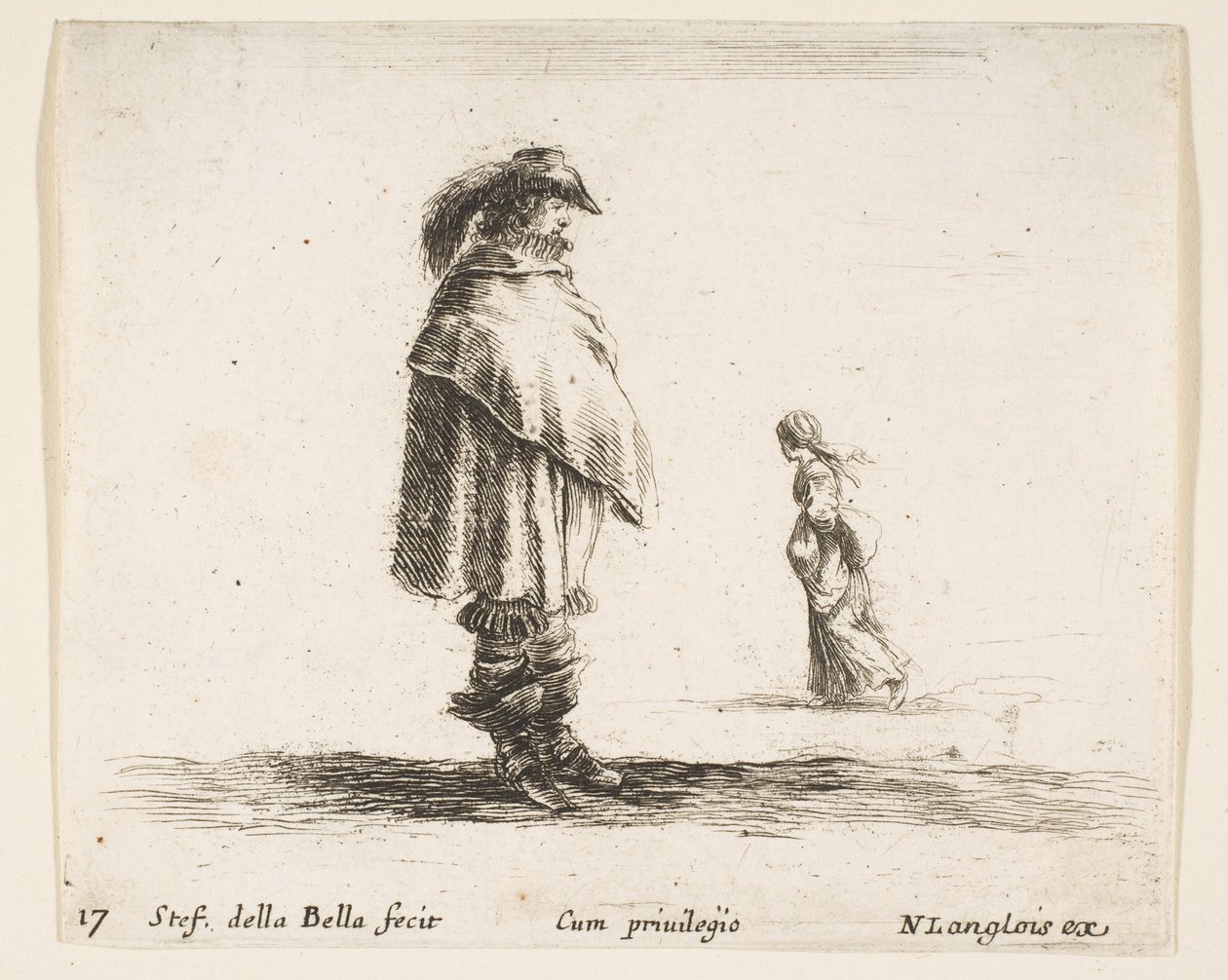 Ilustracja 17: mężczyzna w kapeluszu z pióropuszem pośrodku w prawo, kobieta idąca w kierunku..., ok. godz. 1644-47. autorstwa Stefano della Bella