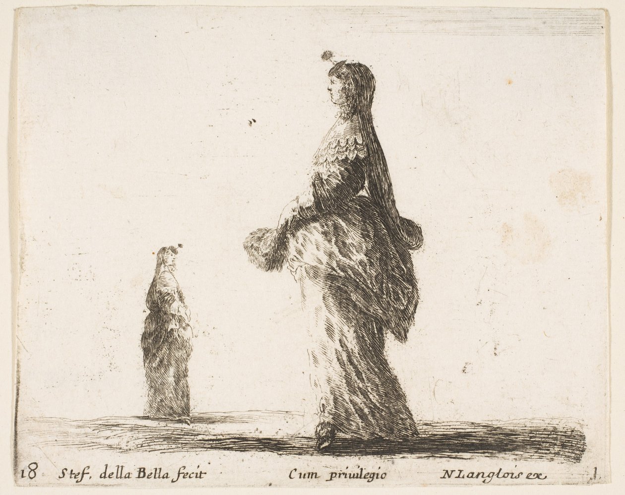 Ilustracja 18: szlachcianka idąca w lewo z wachlarzem z piórami, inna kobieta..., ok. godz. 1644-47. autorstwa Stefano della Bella