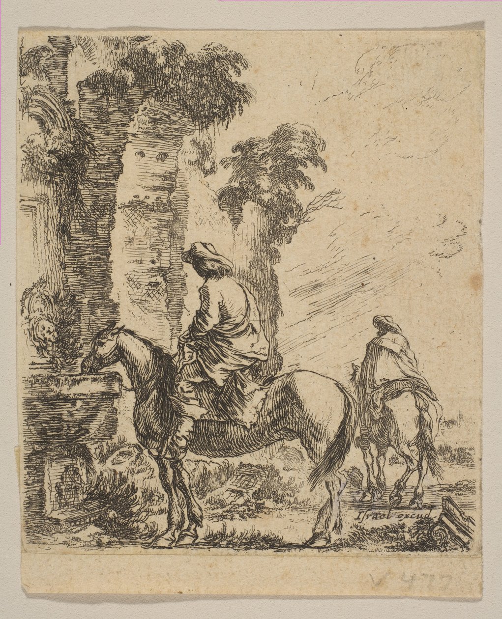 Tablica 19: Pejzaż z kawalerzystą podlewającym konia przy fontannie, z różnych fi..., ok. godz. 1646. autorstwa Stefano della Bella