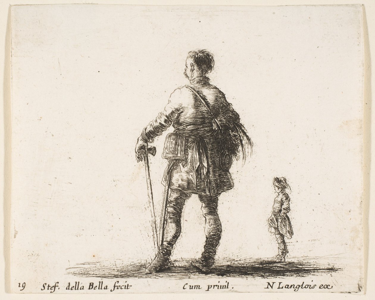 Ilustracja 19: polski szlachcic w stroju dworskim, stojący pośrodku, widziany z tyłu,..., ca. 1644-47. autorstwa Stefano della Bella