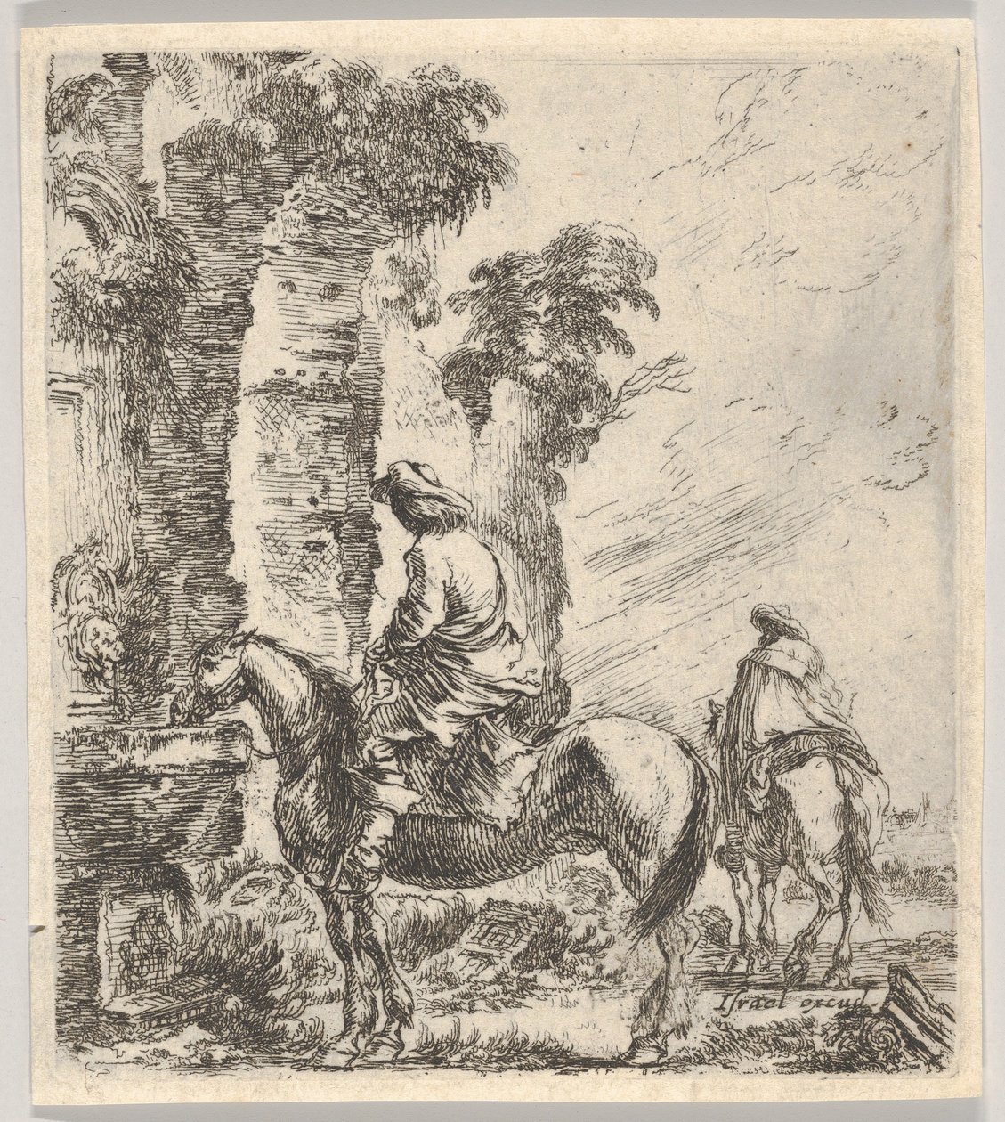 Ilustracja 19: jeździec napoi konia z miski fontanny po lewej, kolejna h..., ok. godz. 1646. autorstwa Stefano della Bella