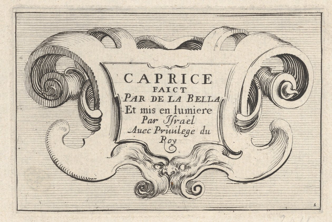 Płyta 1: Kartusz z tytułem serii, z „Caprice faict par de la Bella”, ca. 1642. autorstwa Stefano della Bella