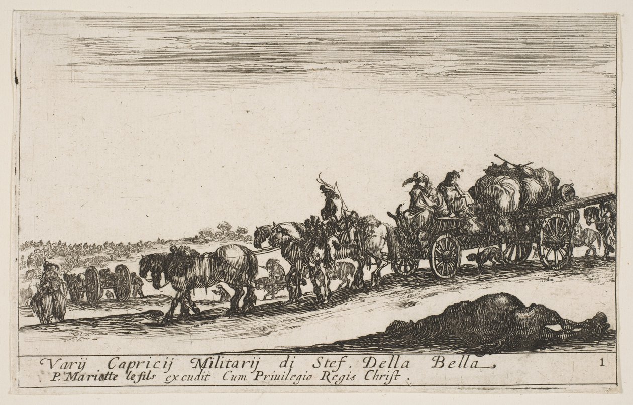 Ilustracja 1: Wóz konny wiozący ludzi i towary, na pierwszym planie martwy koń, k..., ok. godz. 1641. autorstwa Stefano della Bella